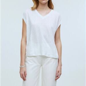NWT Madewell Relaxed V-Neck Linen-Blend Jersey Tee In Eyelet White Size XS